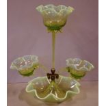 Victorian vaseline glass centre piece one bowl has a repair and stem broken, H43cm approx