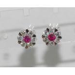 18ct gold diamond & Burmese ruby cluster earrings total 14 diamonds, 12 diamonds = 0.75cts and 2 =