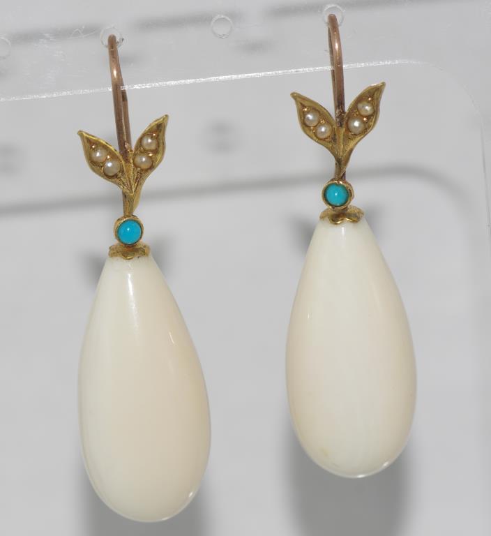 Vintage ivory earrings with 9ct gold hooks set with seed pearls and turquoise