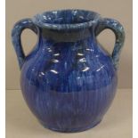 Australian John Campbell pottery vase two handled with blue glaze, signed & dated 1934 to base, 16cm