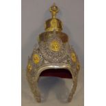 Tibetan repousse vajrasattva head dress made from silver and copper,in conical form with three