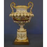 Early 19th century English two handled urn with moulded acanthus leaves, hand painted with country