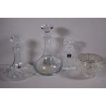 Three assorted glass decanters & a cut crystal flower bowl