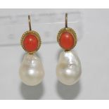 Baroque south sea pearl with coral and gilt surround and 9ct gold hooks