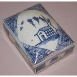 Chinese Chen-lung blue & white seal box 7cm high, 15cm wide, with fitted perspex stand