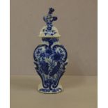 18th century Delft blue & white lidded urn hand painted bird decoration and dog Fu finial, 27cm