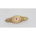 Antique hallmarked 9ct gold bar brooch with two diamonds and red stone, hallmarked Birmingham
