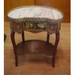 French marble top 2 tier table with centre drawer, ormolu mounts and galleries, 61cm wide, 37cm