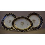 18th century Chelsea serving dish with dark blue borders, together with 2 matching plates. all