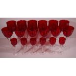 Eighteen Bohemian glass wine glasses, flashed red in three sets of 6