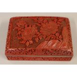 Chinese Cinnabar lacquer trinket box with enamel interior, 15cm X 10cm approx