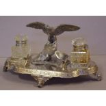 Silver plated eagle topped desk set with crystal ink wells (one as inspected), maker: James Dixon,