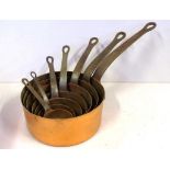 Set of seven piece copper saucepans with iron handles ,in graduated sizes, 19cm diameter (largest)