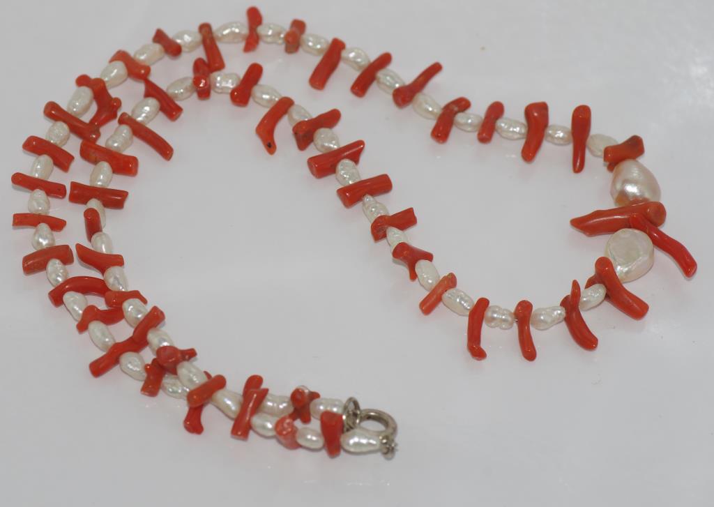 Freshwater pearl and coral necklace