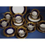 Aynsley cobalt blue & gold part dinner set with acid etched gilding. Comprising 5 each dinner &