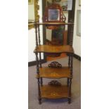 Victorian inlaid walnut whatnot with mirrored back, 55cm wide, 155cm high