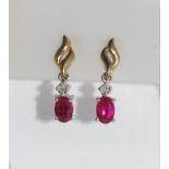 9ct two tone gold, ruby & diamond dop earrings weight: approx 2.28 grams