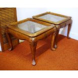 Pair of carved wooden side tables with glass tops, 70cm x 60cm, 52cm high approx