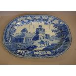 19th century Rogers blue and white meat platter with ancient architectural design, 54cm x 40cm