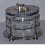 Good silver plate & crystal biscuit barrel with dog finial top, maker Mappin brothers, H17cm approx