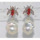 Baroque pearl earrings with silver bee & red coral post fittings