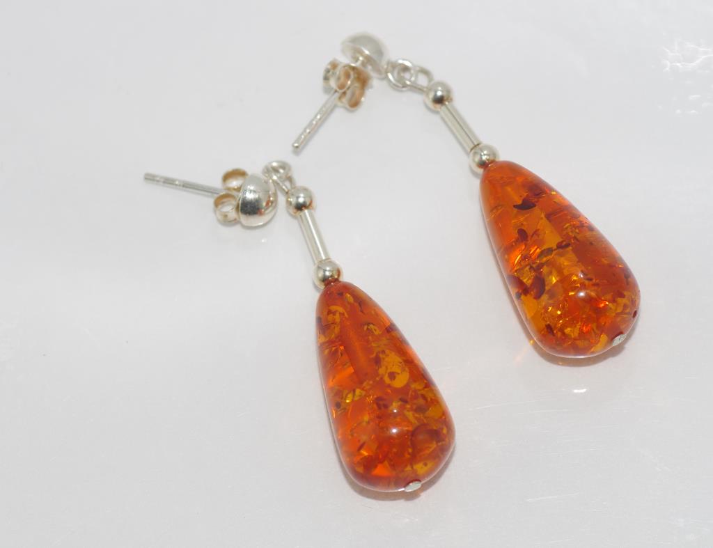 Sterling silver and honey amber drop earrings