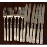 Early 12 pce MOP handle fruit knives & forks EP blades engraved & marked A & D