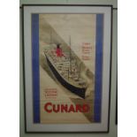 Vintage Cunard framed ocean liner poster promoting the 1920's vessels Scythia and Laconia, 114cm x