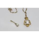 18ct yellow gold pearl & diamond pendant with another vintage pendant