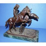 French bronze sculpture of 2 steeplechasers mounted on a green marble base, signed Bonheur to