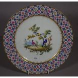 Good 18ct century Sevres cabinet plate decorated with birds, with decorative blue & red border. Ex