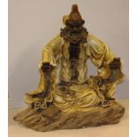 Large Chinese seated scholar on a branch sculpture with lucky feng shui wealth toad with coin,