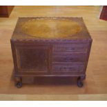 Small carved oriental cabinet with 1 door and 3 drawers, 58cm wide, 33cm deep, 52cm high