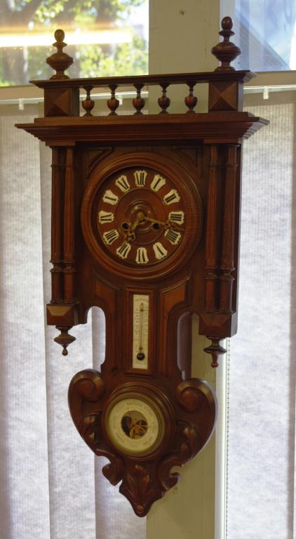 Antique French wall clock weather station with 8 day striking movement, thermometer and aneroid