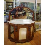 Victorian walnut credenza with marble top, mirrored back and doors, 134cm wide, 167cm high