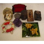 Quantity of interesting collectables including a Tunbridge ware blotter, amethyst clump, P&O