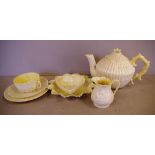 Part Belleek teaset to include teapot, trio, creamer, sugar and dish, with green marks to base