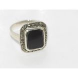 Silver, onyx and marcasite ring size O/7