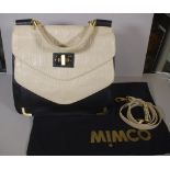 Mimco leather satchel style handbag in beige and black leather with tortoiseshell and gold tone
