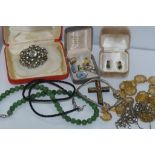 Green stone necklace together with screw-on earrings and other costume jewellery