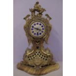 Roccoco style brass & enamel mantle clock with key, 41cm high approx.