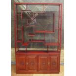 Chinese rosewood open display case with 4 carved timber panel doors, divides into to parts for