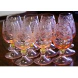 Eleven etched Murano wine glasses pink colour, 13cm high approx.