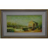 John Pointon (1936 - ) "Old Boat Shed" oil on board, signed lower right, 24 by 49cm.
