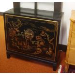 Chinese black laquered cabinet with inside shelf, 76cm wide, 33cm deep, 74cm high