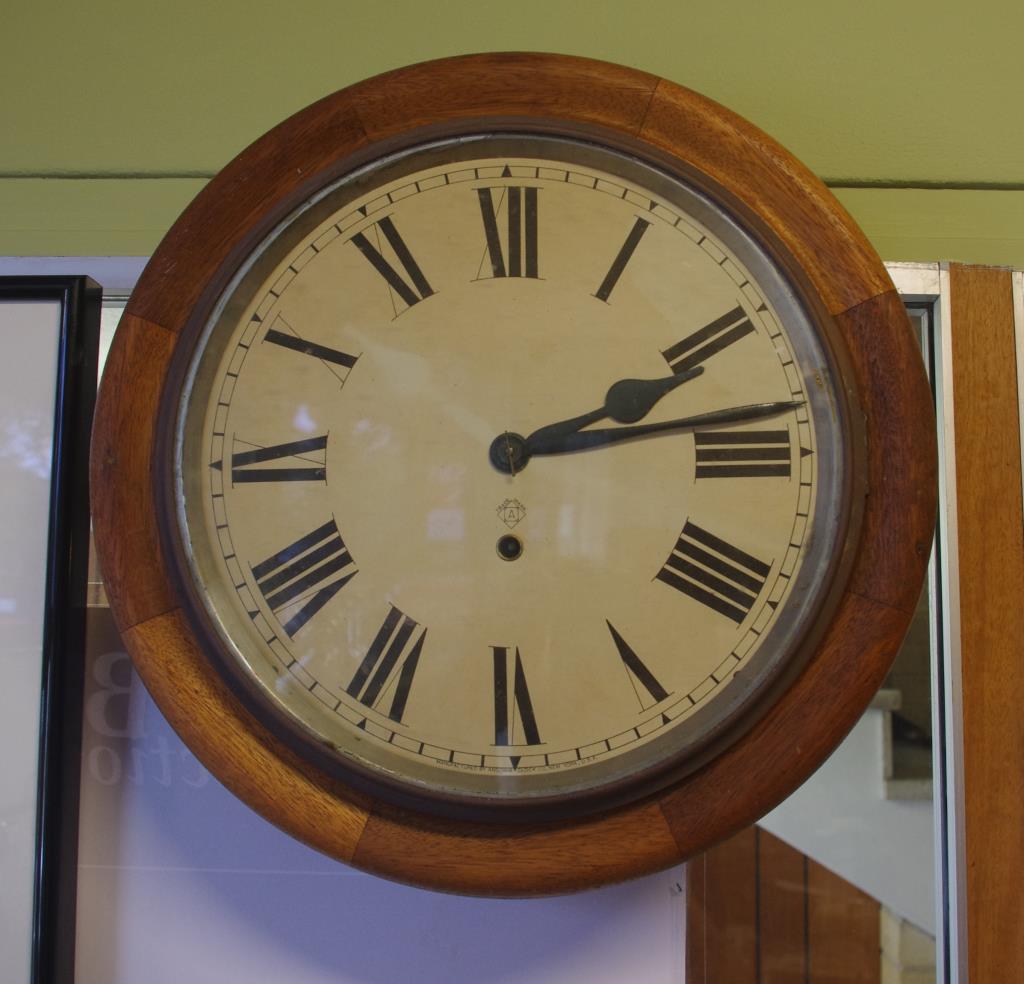 Ansonia railway clock with key and pendulum, 40cm diameter