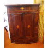 George III inlaid corner cupboard with 3 drawers and 2 doors opening to inside shelves, 90cm wide,