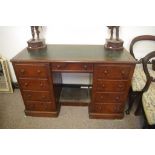 Antique pedestal desk with faux drawer front doors opening to inside drawers