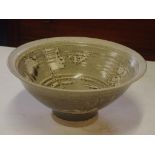 Signed John Godfrey celadon pottery bowl 34.5cm diameter, 16cm high