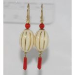 Vintage ivory and coral earrings on 9ct gold hooks NB This item may not be exported without CITES